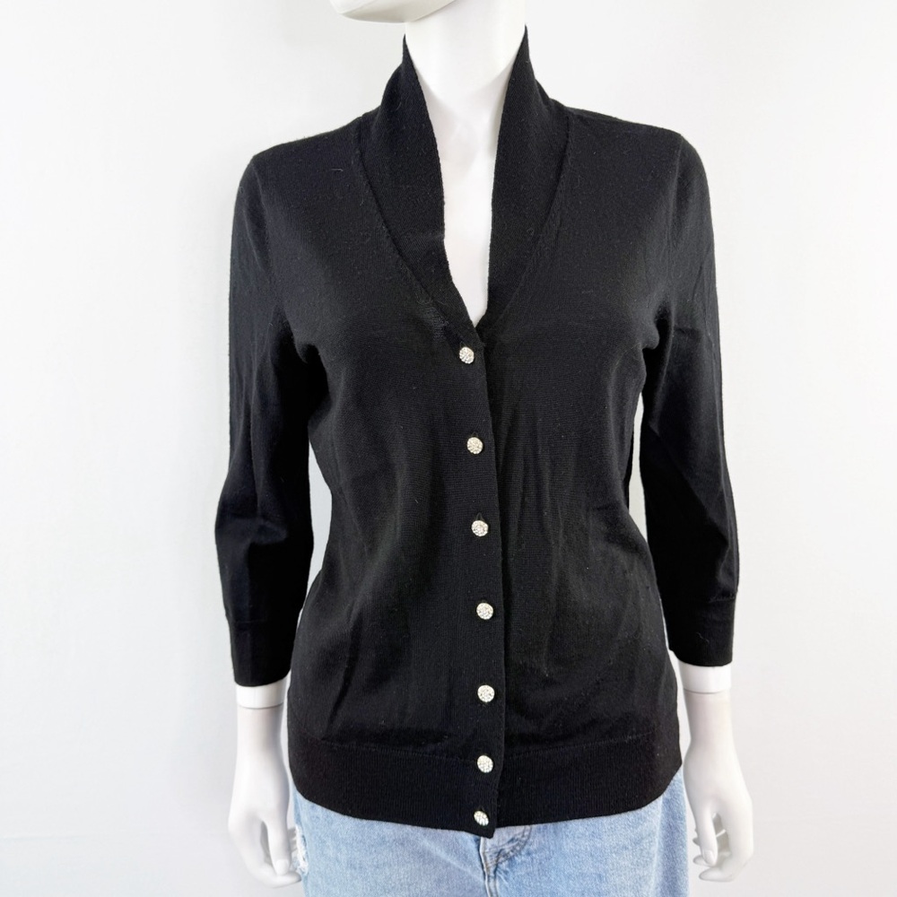 Talbots Black Long Sleeve Sweater Cardigan Size L Embellished Buttons 100% Wool